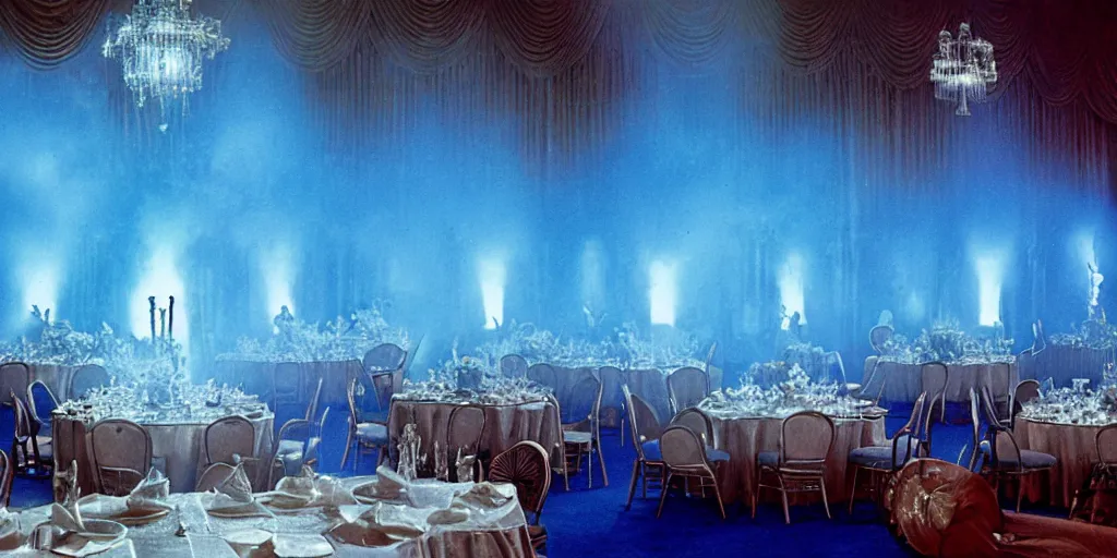 Prompt: a blue glowing phantom hovers inside of a banquet hall ( 1 9 8 4 ).