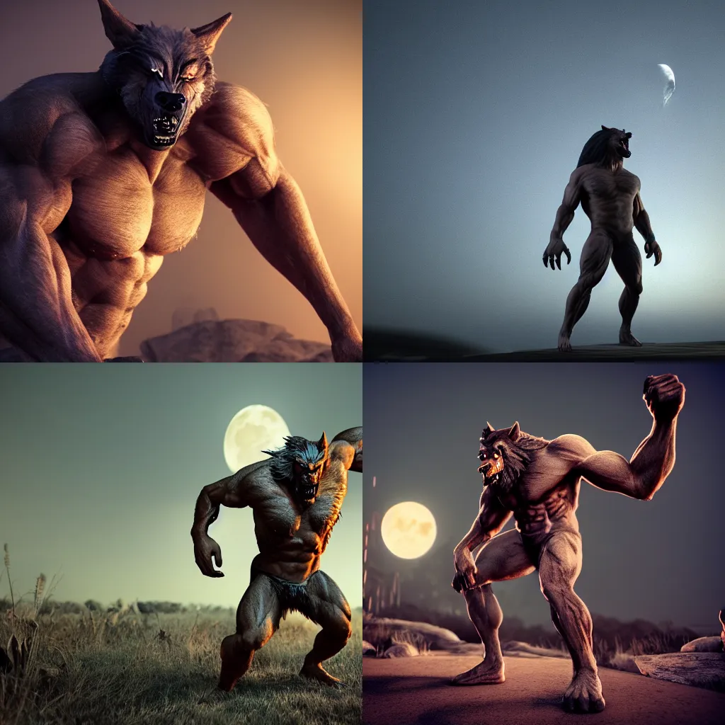 Prompt: a muscular werewolf standing with the full moon in the background, octane render, fantasy, cinematic, dramatic lighting, hyper realism, 8k, depth of field, bokeh