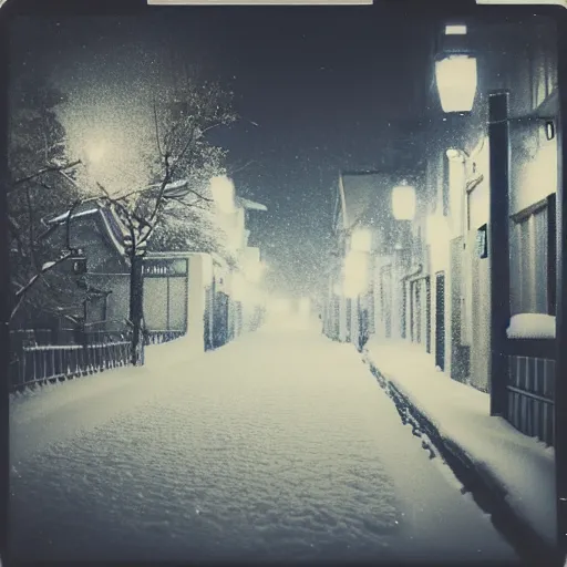 Image similar to atmospheric polaroid photo of a snowy tokyo street at night