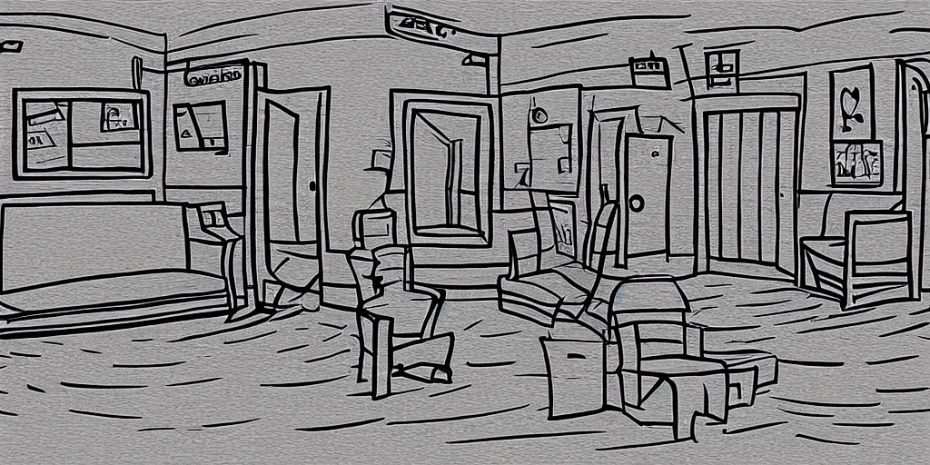 Image similar to a dimly lit, theater dressing room, with a mirror, a chair, a couch, day of the tentacle style, drawn by Peter Chan, 5 point perspective