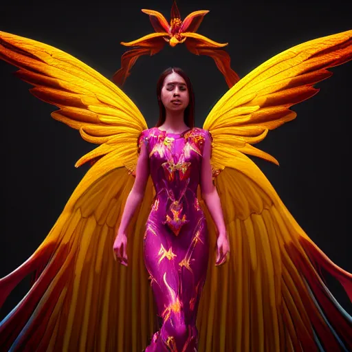 Prompt: a beautiful orchid phoenix angel woman, in an ornamented dress with large wings, photorealism, octane, unreal engine, volumetric light, god rays, 8 k high resolution, rubies