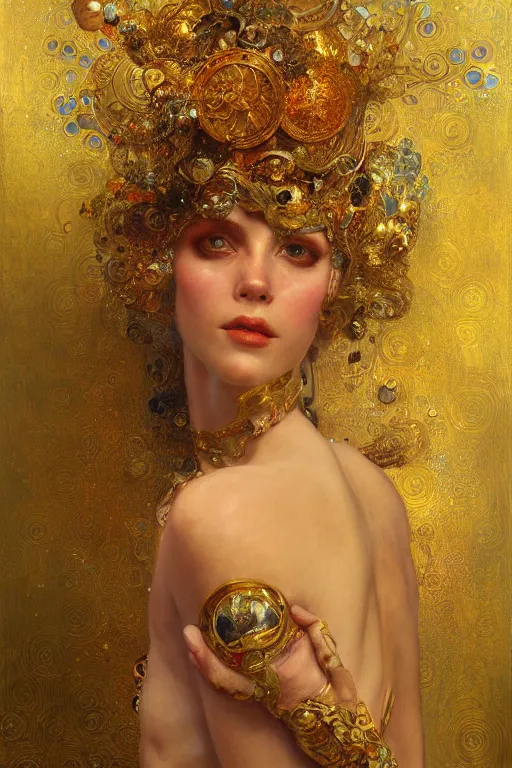 Image similar to an intricate artistic klimt golden motives and textures, hyper detailed, ornamental gold headpiece, octane render, vivid colors, artstation, by jeremy mann, by alphonse mucha, by boris vallejo