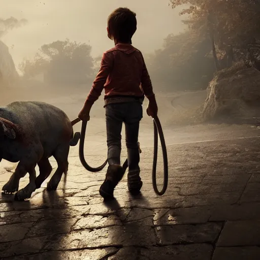 Image similar to a child dragging a demon by its horns, photorealism, elegant, highly detailed, digital painting, concept art, smooth, sharp focus, art style from Greg Rutkowski and Bruce Kaiser and Scott Robertson and Dmitry Mazurkevich and Doruk Erdem and Jon Sibal, 8k, unreal engine, octane render