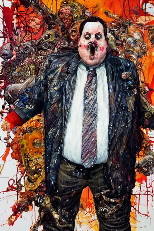 Image similar to paul blart full body shot, hyper - realistic oil painting, body horror, biopunk, by ralph steadman, francis bacon, hunter s thompson