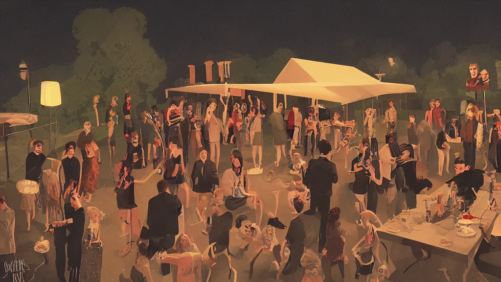 Image similar to An outdoor party, in the style of David Lynch, by Wes Anderson, concept art, artstation