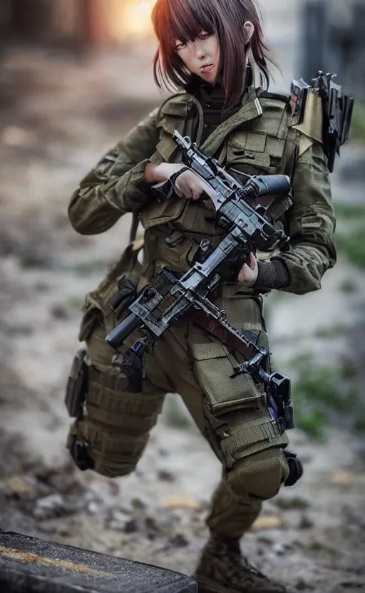 Prompt: an escalating violent firefight, highly detailed, high resolution, cosplay photo, stunning, girls frontline style, bokeh soft, 100mm, trending on instagram, by professional photographer, realistic human anatomy, real human faces, realistic military carrier, soldier clothing, modern warfare, realistic weapon, shot with a arriflex 35 ii, low saturation, small human eyes, running pose, maid outfit