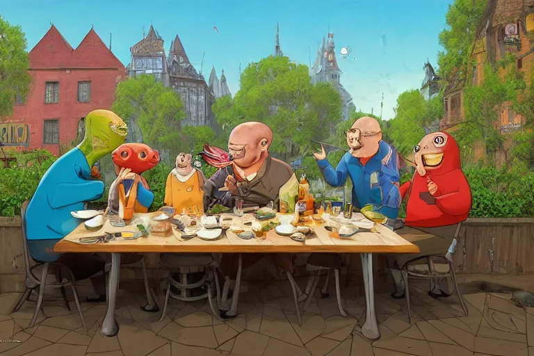 Prompt: 4 happy friends eating fish outside in a restaurant in the city, summer morning, very coherent and colorful high contrast, art by gediminas pranckevicius, geof darrow, dark shadows, hard lighting