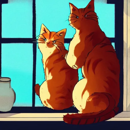 Prompt: two cats cuddling in a sunlit window seat, in the style of Studio Ghibli, trending on artstation