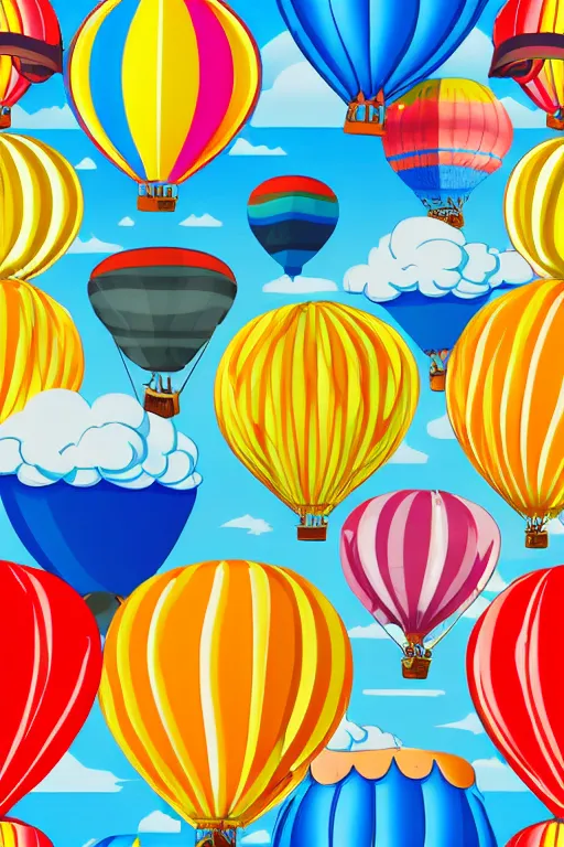 Prompt: seamless pattern of hot air balloons in beautiful sky, colourful, symmetrical, repeating 35mm photography, ultra fine detail, 4k high definition, bold