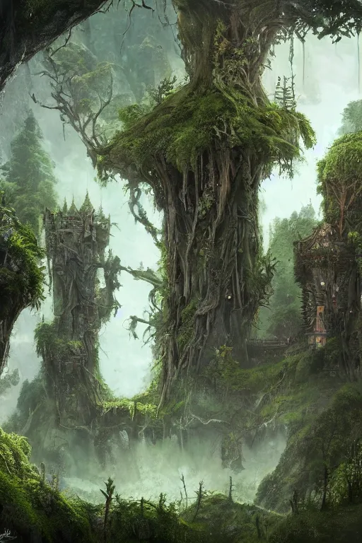 Image similar to fairy palace-castle, towers, gnarly trees, lush vegetation, forrest, landscape, raphael lacoste, eddie mendoza, alex ross, concept art, matte painting, highly detailed, rule of thirds, dynamic lighting, cinematic, detailed, denoised, centerd