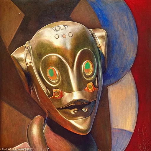 Image similar to the last guest in her robot mask, by Annie Swynnerton and Diego Rivera, symbolist, dramatic lighting, elaborate geometric ornament, god rays, soft colors,smooth, sharp focus, extremely detailed