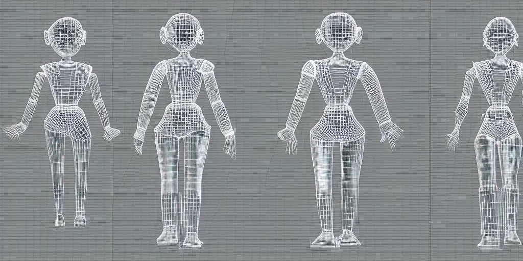 Image similar to highly detailed schematic, technical drawing, orthographic view, 3d wireframe, Japanese robot geisha, split 4 view, blender screenshot