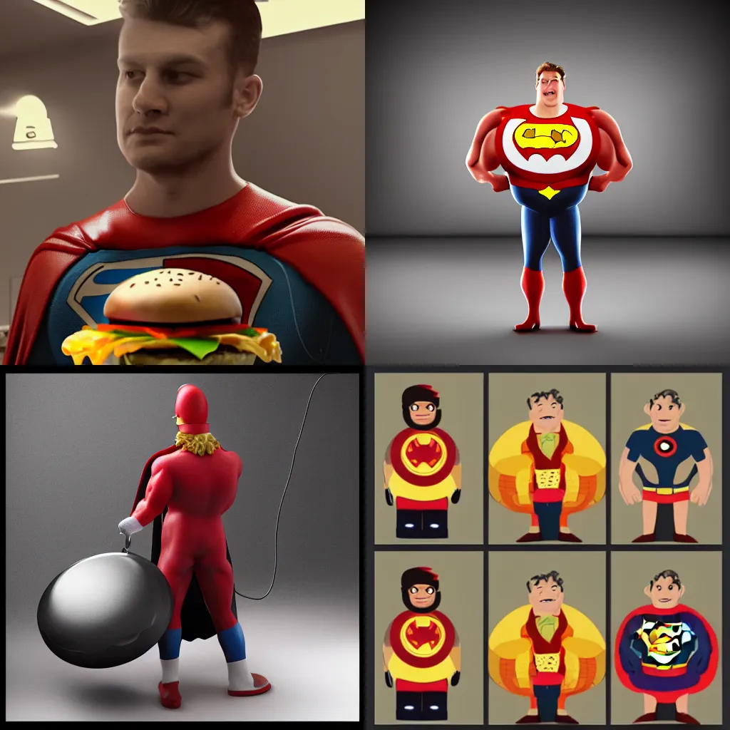 Prompt: burger man, superhero, cinematic lighting, highly realistic