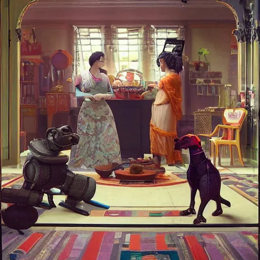 Prompt: (GTA V) Frenetic domesticity, with a parent and child and robot dog in the center, surrounded by futuristic items of convenience. The colors are muted-neon and calming, serine complacency. By Ellen Jewett, by Lawrence Alma-Tadema, realistic