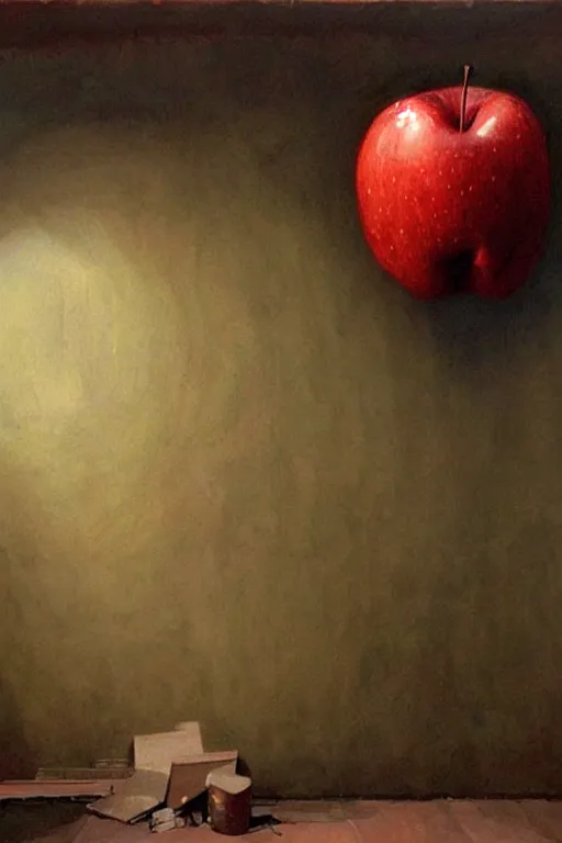 Prompt: A giant apple floating in an abandoned room, detailed art by Phil hale and Ilya repin