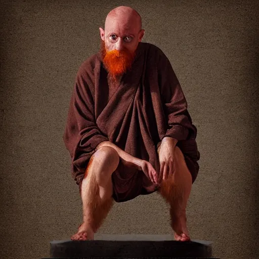 Image similar to digital art, a scruffy bald ginger monk levitates,