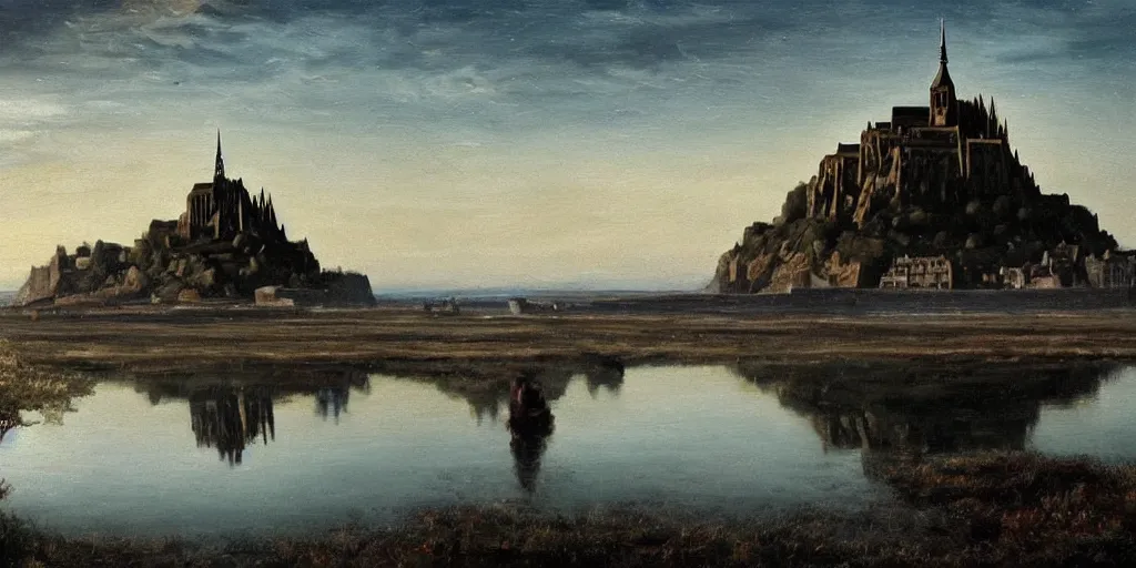 Image similar to masterpiece oil painting portraying mont saint michel in the style of romanticism landscape painters with a tree on the foreground,beautiful!!!!!!!,misty!!!!!!!!!,detailed!!!!!!!,night sky,evocative,reflection in the water,photorealistic,chiaroscuro,soft lighting