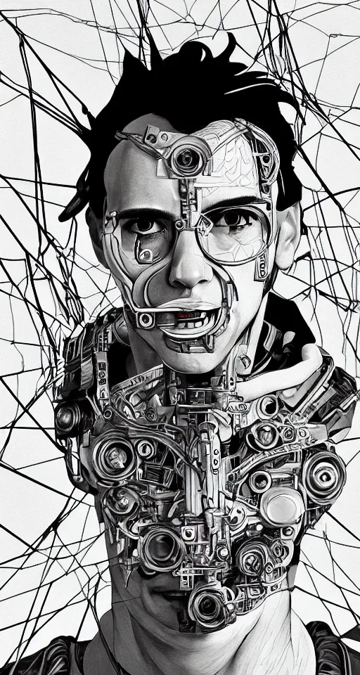 Prompt: A portrait photo of a latino mad scientist male with cyborg face looking at the camera with a queasy smile!!!!, in a mixed style of Botticelli and Æon Flux!!, inspired by pre-raphaelite paintings, and cyberpunk!!!, stunningly detailed, stunning inking lines, flat colors, 4K photorealistic, profile picture