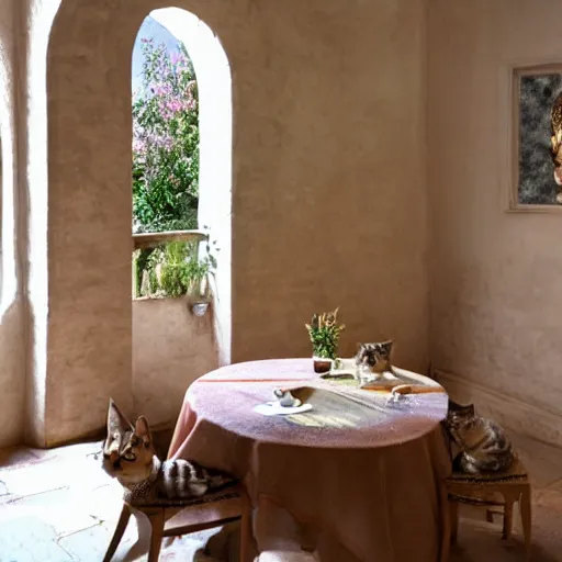 Image similar to Photo of very very very very filled provence interior room with cat sitting on the table in the center of room, photorealism,