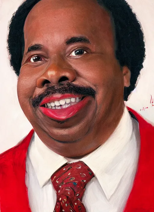 Prompt: ( ( ( portrait of leslie david baker as stanley hudson of the office television series ) ) ) by igor kazarin, head to waist, light coming from the right side, red background,