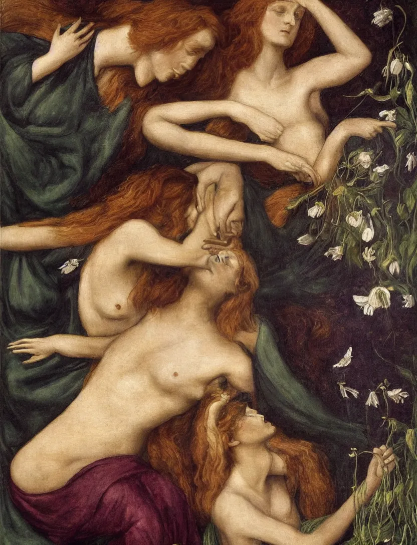 Prompt: Rossetti's inspiration for this painting was the 'Vita Nuova' (New Life), the Italian poet Dante's account of his idealised love for Beatrice, and of her premature death. The death of Beatrice is symbolised by a sudden spiritual transfiguration. A bird, a messenger of death, drops a white poppy between her open hands. The sundial's shadow rests on the figure nine, the number Dante connects mystically with Beatrice and her death. In the background the shadowy form of Dante gazes towards the figure of Love. Rossetti saw this work as a memorial to his wife, Elizabeth Siddall, who had died in 1862.