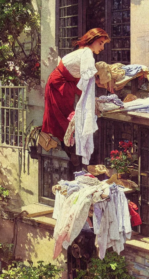 Prompt: a person squeezing washing clothes outside, sun shining, photo realistic illustration by greg rutkowski, thomas kindkade, alphonse mucha, loish, norman rockwell.