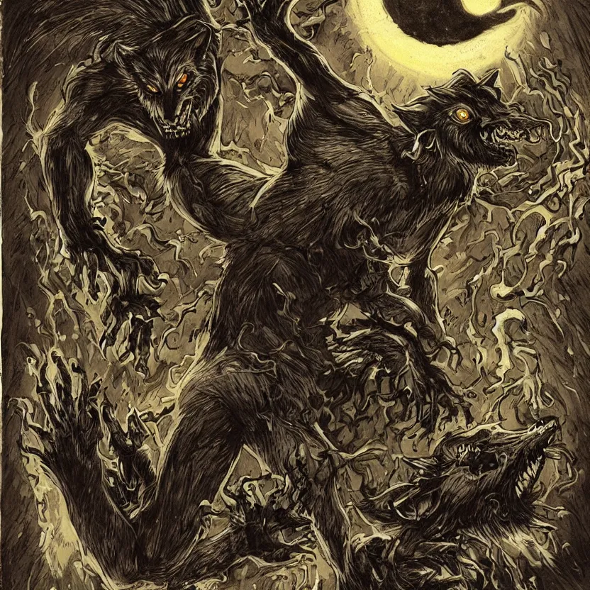 Prompt: werewolf monster with many eyes. pulp science fiction. dark background