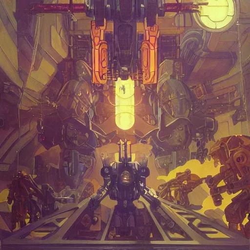 Image similar to beautifully colored detailed scifi painting of occultist scientists summoning a mobile suit, occult giant robot power armor eched with power runes by m. c. escher, beeple, greg rutkowski and alphonse mucha