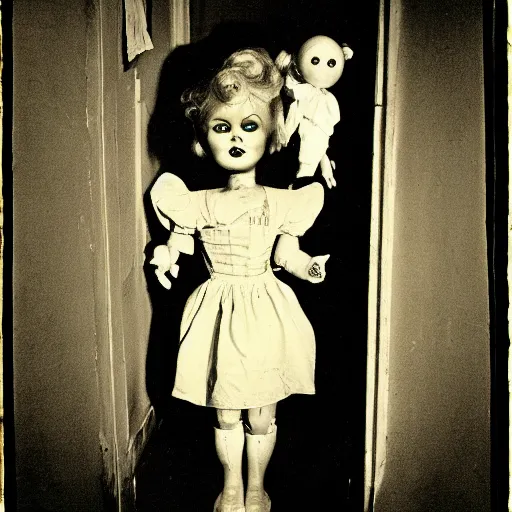 Image similar to creepy vintage doll in darkly lit hallway photo by william mortensen