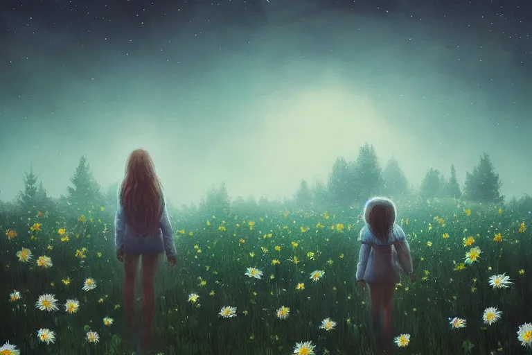 Image similar to giant bunch of daisy flowers head, girl walking in dark forest, surreal photography, dark night, stars, moon light, impressionist painting, clouds, digital painting, artstation, simon stalenhag