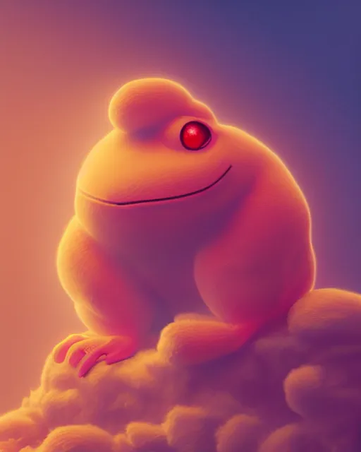 Prompt: a giant fluffy cloud morphing into a light great and red frog, coherent design, symmetrical, concept art, vivid color, complementary color, golden ratio, detailed, sharp lines, intricate, rainbowshift, by mc escher, by sahm, octane render