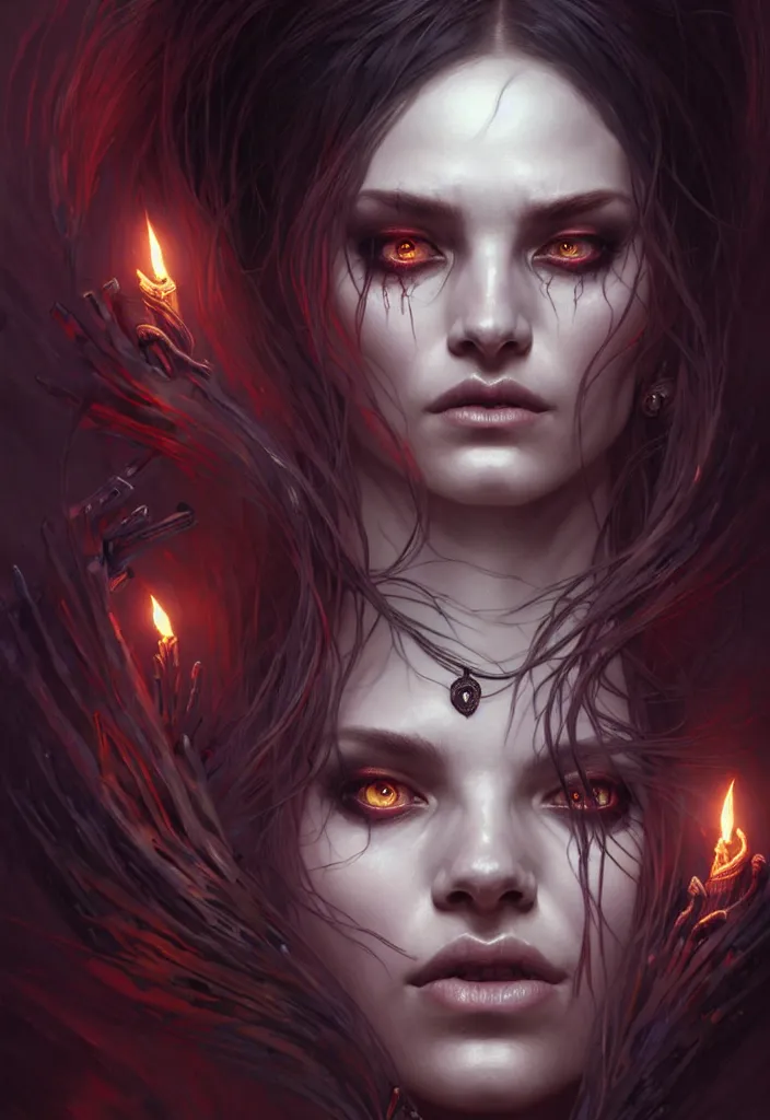 Image similar to Necromancer Sorceress face in center, fantasy magic, undercut hairstyle, dark light night, intricate, elegant, sharp focus, illustration, highly detailed, digital painting, concept art, matte, art by WLOP and Artgerm and Greg Rutkowski and Alphonse Mucha, masterpiece