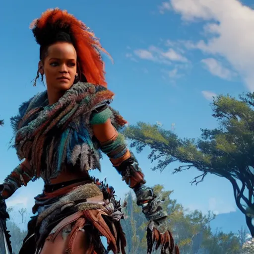 Image similar to rihanna in horizon zero dawn ( 2 0 1 7 ), 8 k wide shot