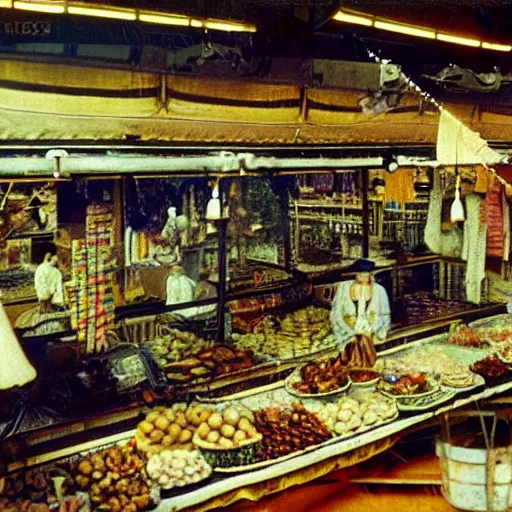 Prompt: marketplace in a space station, 1 6 mm film, 1 9 1 0 s, autochrome