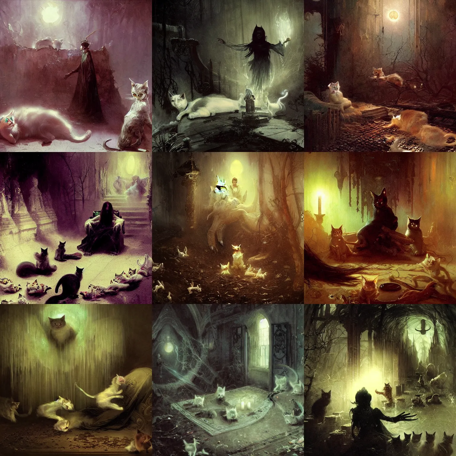 Prompt: sleeping necromancer haunted by hungry ghost cats, aleksi briclot, albert bierstadt