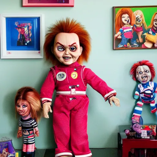 Image similar to chucky the killer doll standing in a toy room