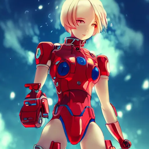 Image similar to digital anime art, very small cute girl standing on a large table, red mech arms and red mech legs, blue watery eyes!!!, short