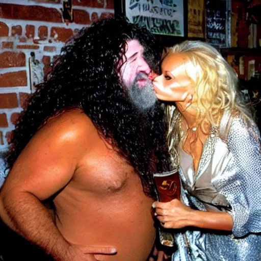 Image similar to Hagrid kissing Pamela Anderson at a dive bar award winning photography