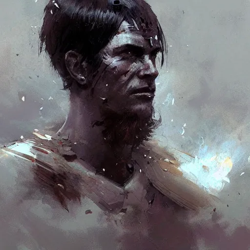 Prompt: Portrait painting of a warrior by greg rutkowski and Craig Mullins, Dark atmospheric and cinematic lighting