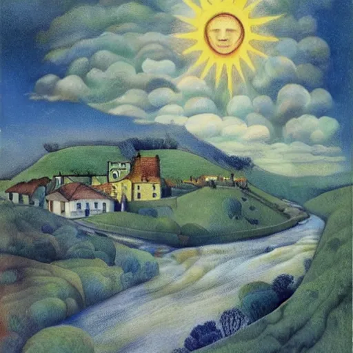 Prompt: The print is of a small village with a river running through it. In the distance, there are mountains. The sky is clear and the sun is shining. dada by Mab Graves, by Rafael Zabaleta funereal, turbulent