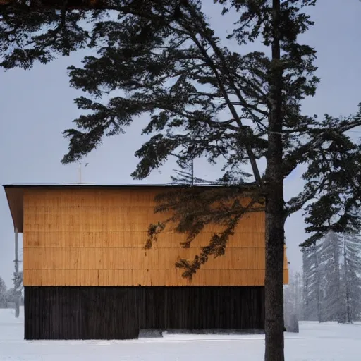 Prompt: winter wooden austere structures inspired by Peter Zumthor