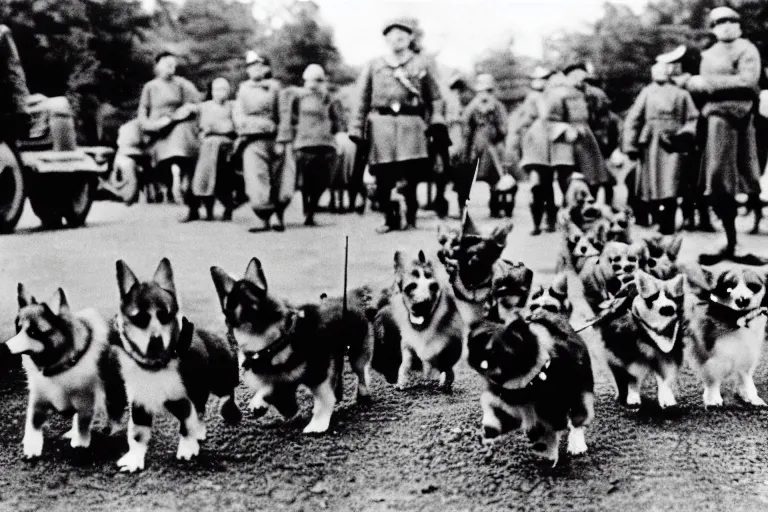 Prompt: ultra wide historical far away photo of young queen elizabeth and her corgi army conquering nazi germany, sharp focus, highly detailed