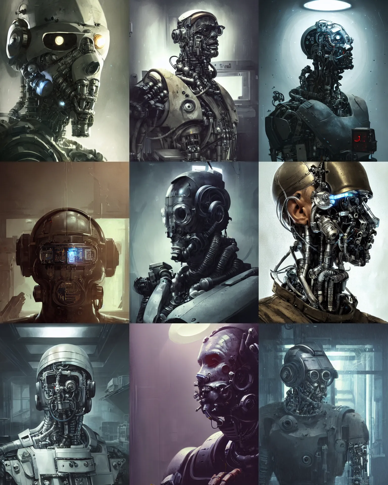 Prompt: a half - masked rugged engineer man with cybernetic enhancements in a laboratory, scifi character portrait by greg rutkowski, esuthio, craig mullins, 1 / 4 headshot, cinematic lighting, dystopian scifi gear, gloomy, profile picture, mechanical, half robot, implants, steampunk