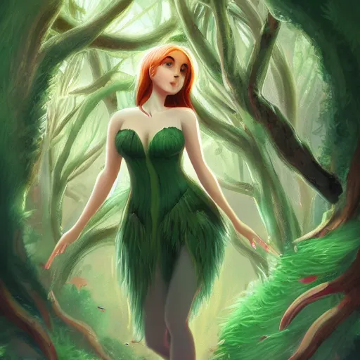 Image similar to alluring tree girl in a magical forest, digital art, trending on artstation