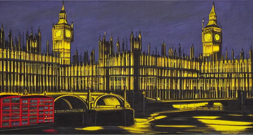 Image similar to london houses of parliament, highly detailed, dramatic lighting, intense shadows, rich deep colours, by roy lichtenstein