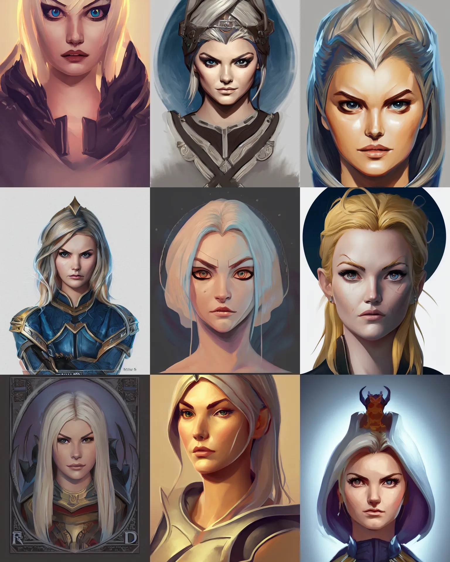 Prompt: front facing symmetrical centered painted portrait, just one head, Elisha Cuthbert as a D&D Paladin, RPG character avatar, Blizzard concept art, global illumination lighting, trending on artstation, by lois van baarle and ilya kuvshinov and Dreamworks and Pixar