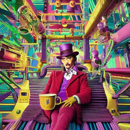 Image similar to Johnny Depp is covered in a blanket and drinking tea in Willy Wonka's Chocolate Factory, Illustration, Colorful, insanely detailed and intricate, super detailed, by Beeple