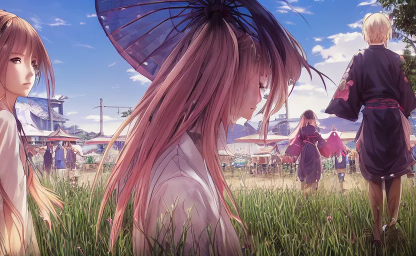 Image similar to anime style, panoramic view, a girl walking, summer festival in background, yukata clothing, battlefield in background, hair down, symmetrical facial features, real faces, from arknights, hyper realistic, 4 k, extreme detail, trending artstation, safebooru, realistic lighting, by alphonse mucha, greg rutkowski, sharp focus