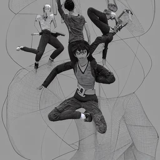 Image similar to rpg character concept art, three people doing acroyoga while floating in space, intricate detail, in the style of jamie hewlett hiroya oku riyoko ikeda, 3 d render, artstation trending, 8 k, octane render, photorealistic, sharp detail, manga, black and white