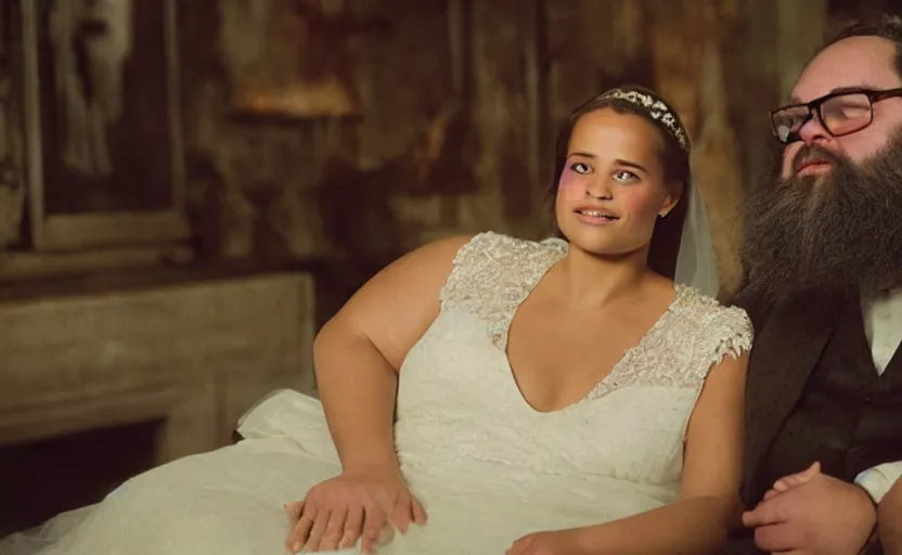 Image similar to movie still close-up portrait of Alicia Vikander happily marrying a morbidly obese bearded nerd, by David Bailey, Cinestill 800t 50mm eastmancolor, heavy grainy picture, very detailed, high quality, 4k, HD criterion, precise texture and facial expression